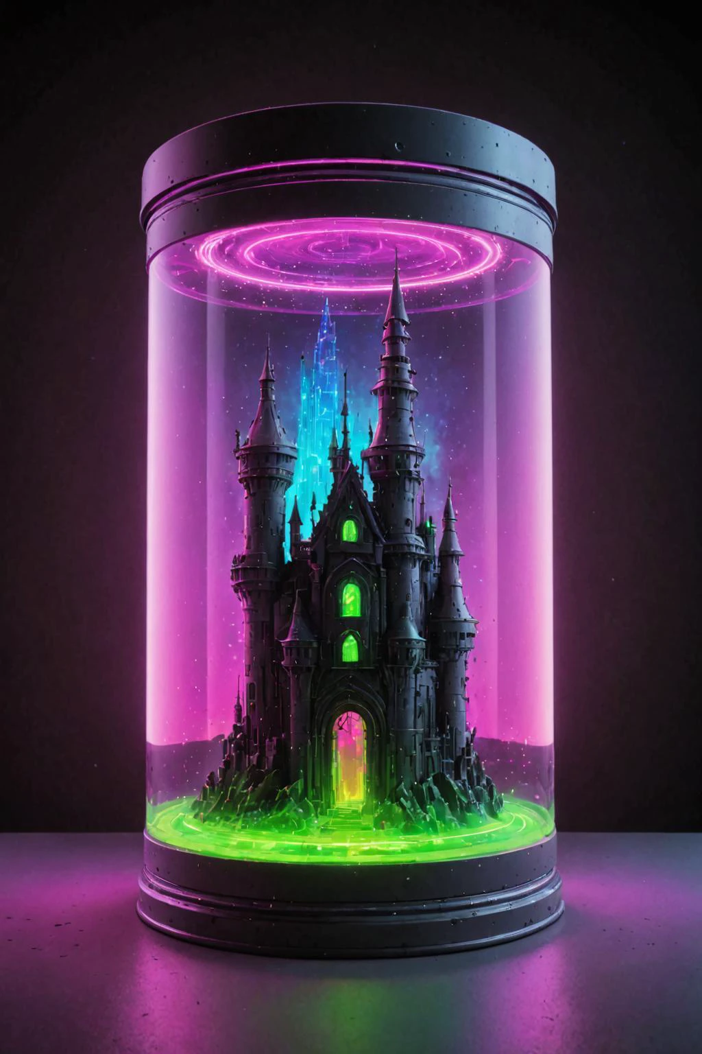 color contenido,  un castillo colorido en un gran contenedor ciberpunk rectangular cilíndrico con (vidrio verde neón) , sustancia arcoiris,