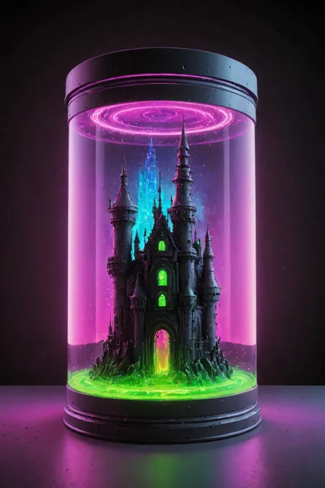 contained color,  a colorful castle in a large cylindrical rectangular cyberpunk container with (neon green glass) , rainbow substance,<lora:Contained_Color_SDXL:.7>