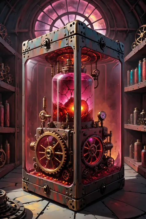 contained color, Weight of the Land inside of a large rectangular steampunk container with (red  tinted glass), <lora:Contained_Color_SDXL:1> <lora:Painted World-000006:0.3> painted world, illustrated as 3.9 render 5.6 and official store shelves will start