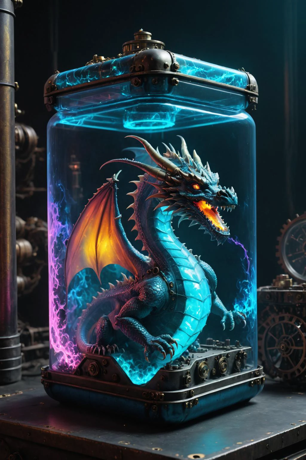 couleur contenue,  un dragon puissant dans un grand récipient steampunk rectangulaire avec (verre rétro-onde) , Feu bleu,
