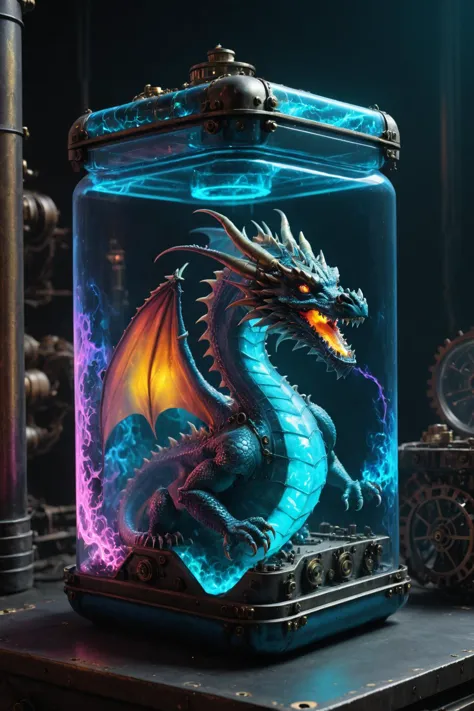 contained color,  a powerful dragon in a large rectangular steampunk container with (retrowave glass) , blue fire,<lora:Containe...