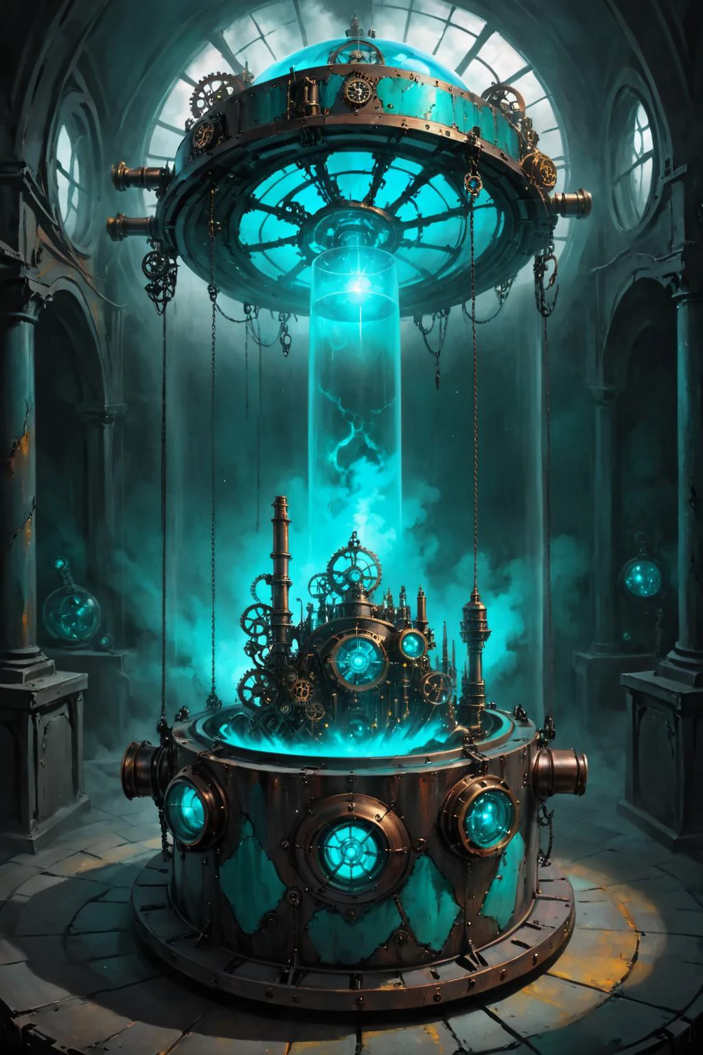contained color, Empty Hate inside of a large steampunk container with (cyan  tinted glass), painted world, post human resources era with the meaning humanity transcends to nothing eternal eternal after me / a motherhood that does again grow before motherhood