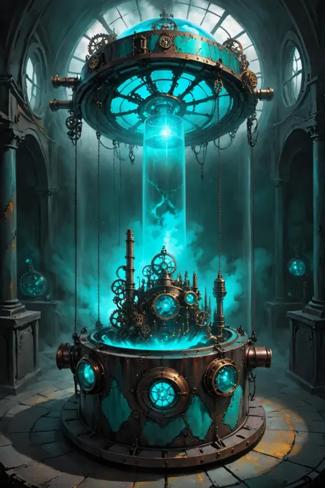 contained color, Empty Hate inside of a large steampunk container with (cyan  tinted glass), <lora:Contained_Color_SDXL:1> <lora...