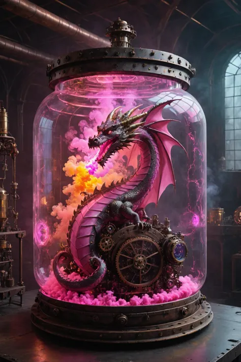 contained color,  a dragon in a large abstract steampunk container with (pink glass) , neon smoke,<lora:Contained_Color_SDXL:1>