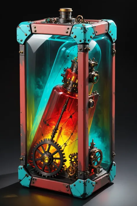 contained color, Limit Cut inside of a large rectangular steampunk container with (teal  tinted glass), <lora:Contained_Color_SD...