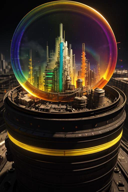 Ultrarealistische 8K-CG, einwandfrei, Sauber, Meisterwerk, professionelle Kunstwerke, berühmtes Kunstwerk, Filmische Beleuchtung, filmische Blüte, (((Foto RAW)), Hintergrund), ein großer Cyberpunk-Container aus Regenbogenglas mit einer Baustelle darin, Gelber Rauch 