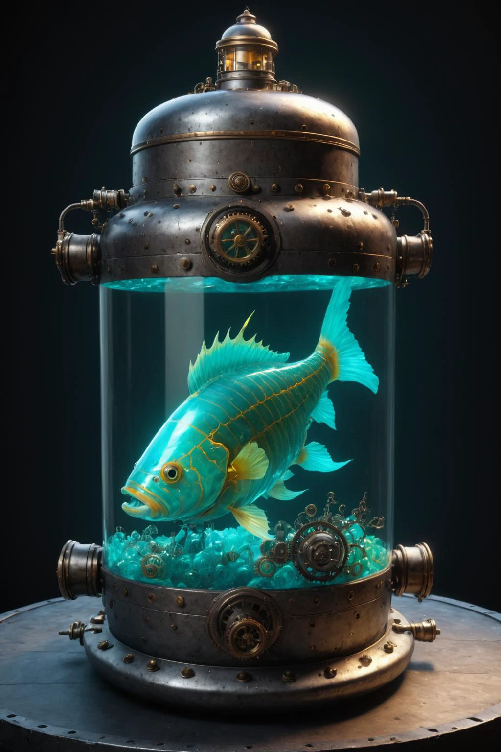 contained color, a big fish inside of a large steampunk container with (cyan  tinted glass), intricate detail 8K render overlay volume mapped seamless like a bottle by carrick mcde, marius maria hongway of high perspective using gradibular highlights + by range murade trending @skeletonfishbox sci fi concept of hyper perspective+to design a steve thome volume hooded atmosphere material unreal engine lense stylize pop-collage painterly fluid design organic material minimalist h id # vttf 5