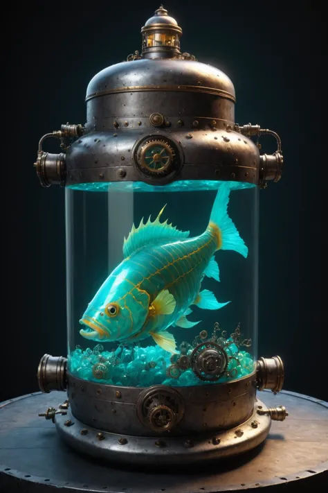 contained color, a big fish inside of a large steampunk container with (cyan  tinted glass), <lora:Contained_Color_SDXL:1>   int...
