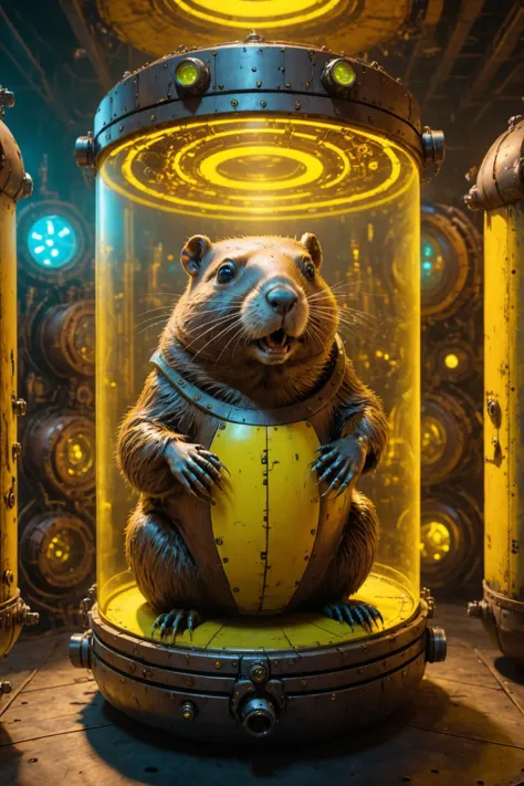 contained color, a beaver inside of a large steampunk container with (yellow  tinted glass), <lora:Contained_Color_SDXL:1>   the...