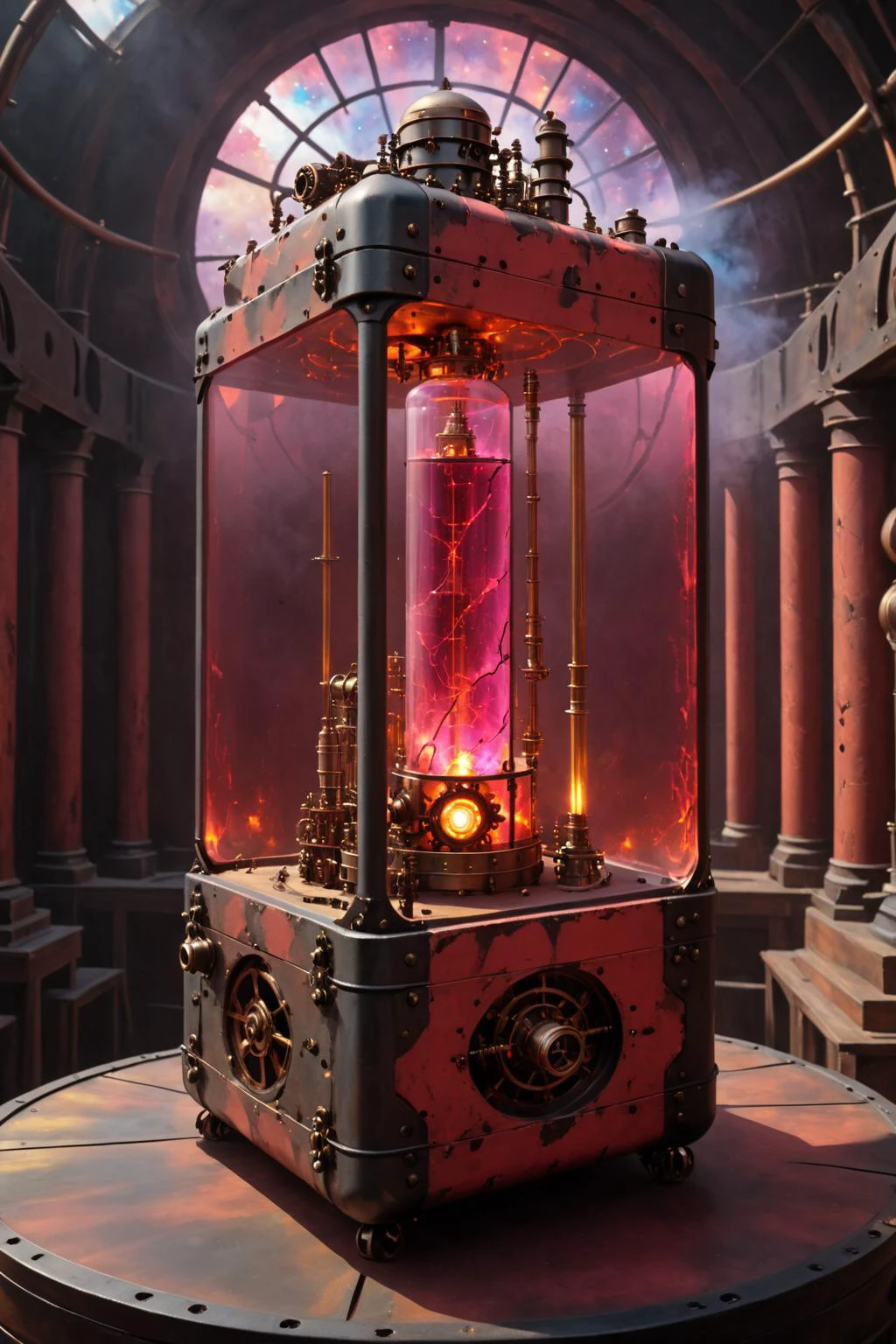 enthaltene Farbe, Magic Artillery Beta in einem großen rechteckigen Steampunk-Container mit (rot getöntes Glas), gemalte Welt, Dauhaus Weltstil