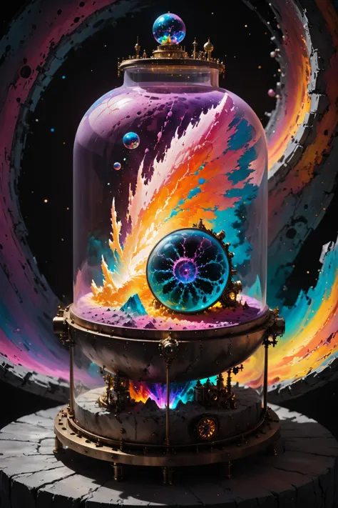 contained color,  a we have a Mandelbrot Set  and a Enneper Surface , in the foreground we see Apollo in a fractalite appearance with an aura of aether particles, stable diffusion,  in a large abstract steampunk container with (colorful glass) ,<lora:Contained_Color_SDXL:1> <lora:Painted World-000006:0.5> painted world, colorful splashes