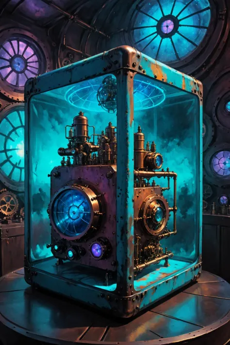 contained color, Cruise Chaser inside of a large rectangular steampunk container with (blue  tinted glass), <lora:Contained_Colo...