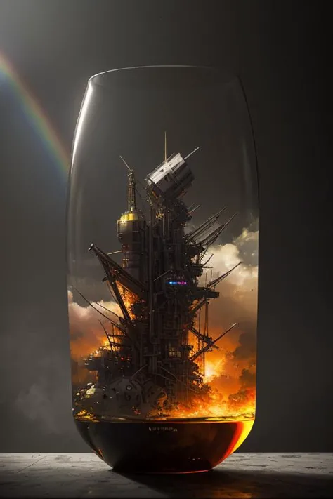 ultra realistic 8k cg, flawless, clean, masterpiece, professional artwork, famous artwork, cinematic lighting, cinematic bloom, (((photo raw)), background), a large rainbow glass cyberpunk container with a construction yard inside, yellow smoke <lora:Contained_Color_SDXL:1>