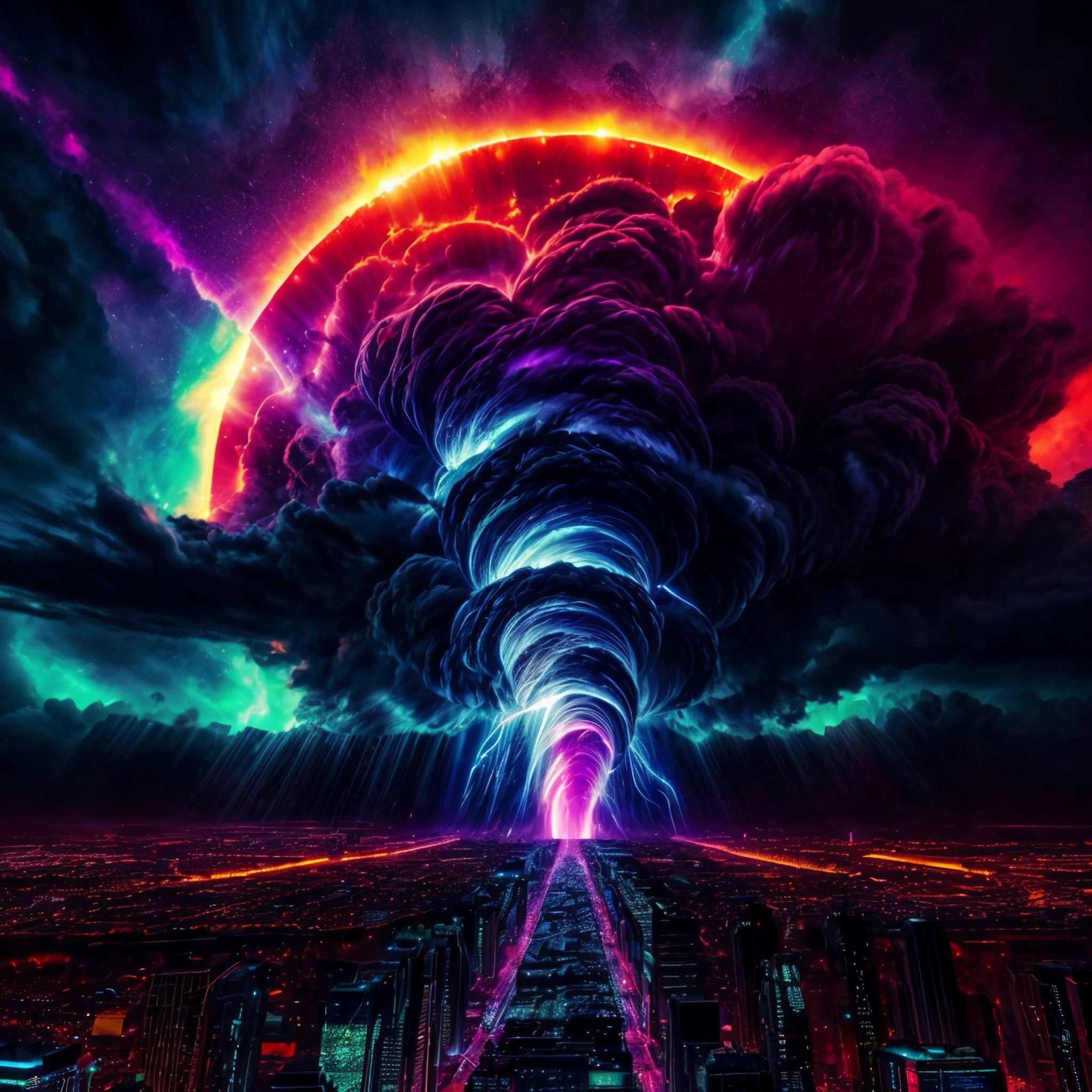 circuitboard, apocalyptic city, tornado, sun rays, Contained Color, cyberpunk style,epic style,backround is epic colorful nebula space, GLOWING STYLE, GLOWING LIGHTS,GLOWING  NEON LIGHTS