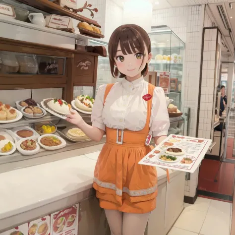 best quality, ultra-detailed, illustration,
AMTS, AMSC, 1girl, solo, pantyhose, brown hair, food, waitress, menu, smile, indoors...