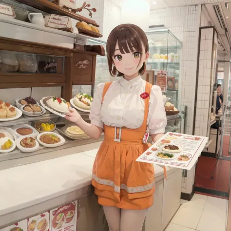 best quality, ultra-detailed, illustration,
AMTS, AMSC, 1girl, solo, pantyhose, brown hair, food, waitress, menu, smile, indoors, restaurant, orange skirt, orange apron, uniform, looking at viewer, shop, tile floor,
 <lora:AMSC_AnnaMillers_uniform_SD15_V3:1>