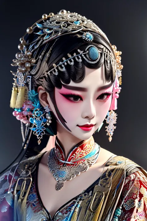 best quality,masterpiece,highly detailed,ultra-detailed,  
 <lora:neg9V2_last:0.5>,  1girl,  traditional clothes,black hair hair ornament, earrings, silver ornament,jewelry, necklace, hair hair ribbon,  <lora:BeijingOpera:1> beijing opera, solo, 1girl, black hair, makeup