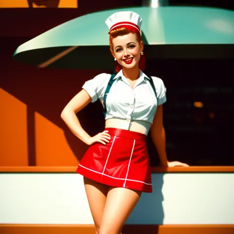 waitress, pinup, (mini skirt:1.2), (((bents over))), smiling, art style, kodak portra 400, cinematic, technicolor