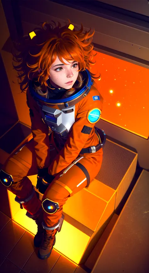 tiktok girl, (from_above:1.32) (sitting:1.2) brown_hairs , Messy_hair , future era, futuristic , orange space suit, astronaut, [helmet], face , tavern , jewelry, (full_body:1.4), (realistic:1.4), masterpiece, high quality, realistic lighting, center of frame, 8k, hdr, amateur, (freckles:0.8) , photography, amateur