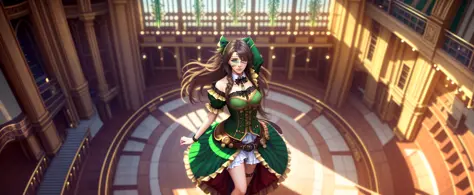 tiktok girl, (from_above:1.3) (standing:1.23) brown hair, , long hair , steampunk , green (dancer) , inside (operahouse, theater) , jewelry, (full_body:1.4), (realistic:1.4), masterpiece, high quality, realistic lighting, center of frame, 8k, hdr, amateur, eyepatch , photography, amateur