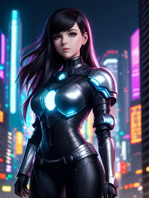 ,best quality,masterpiece,highly detailed,ultra-detailed,a beautiful white woman in a metallic armor, cyberpunk city at night wi...