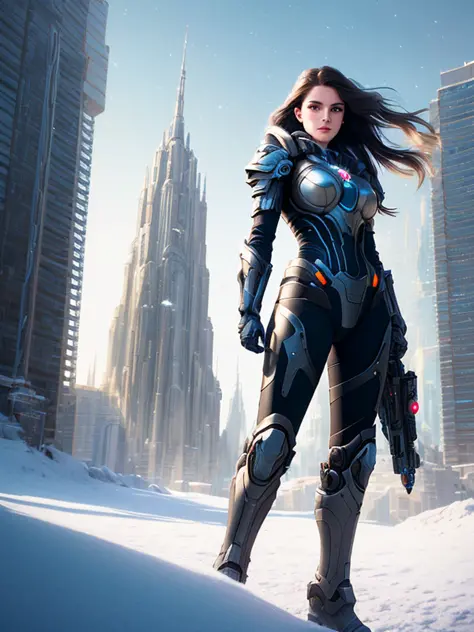 best quality,masterpiece,highly detailed,ultra-detailed,a beautiful woman, futuristic armor, snowy buildings nearby, by greg rut...