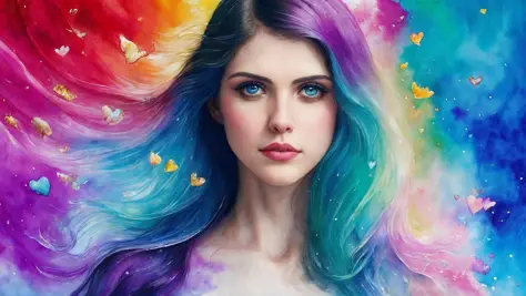 (Estilo de pintura em aquarela), incrivelmente atraente (Alexandra Daddario), mundo da fantasia, assustador, rosto feminino perfeito, ((nuvem de tinta), (gotas de tinta)), ((anatomia de precisão)), luzes vibrantes, por (Carne Griffiths), (Pino Daeni), (brincalhão), ((amor)), elegante, Esquentar, Provocante, utopia, fascinante, tom mapeado, Puro, filigrana, ultra nítido, partículas de luz, arte inicial, louco, cores misturadas, (gradiente de cor), iridescente, corações