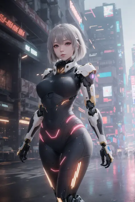 masterpiece, best quality, 4k,  mecha, starry,sky,  star \(sky\), cape,  hair ribbon, slim legs,    long hair, white hair, cyberpunk, depth of field,  blur background,