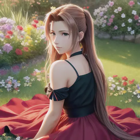 style like a Final Fantasy 7, Aerith Gainsborough, high resolution, UHD, epic realistic, in the garden with flowers, (red dress)...