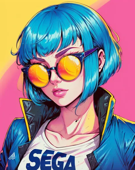 by Bruno Ferreira, a woman with blue hair and yellow glasses on her face and a pink background neon blue hair wearing a black jacket, white t - shirt with the word SEGA <lora:pop_art_dataset-11:.6>