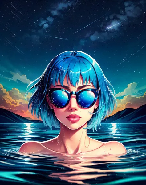 by Bruno Ferreira, a woman with blue hair wearing sunglasses floating in the water with a sky background and stars above her hea...