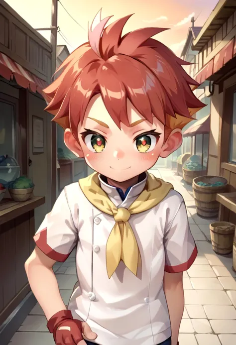 score_9, score_8_up, score_7_up,source_anime, rating_safe BREAK
 detailed eyes, village
 <lora:cutifiedanimecharacterdesign_variant_type_E_PonyXL_v10:0.6>  <lora:crispin:0.7>,petite,
cute,crispin, multicolored hair, red hair, yellow eyes, red pupils, partially fingerless glove, single red glove, short sleeves white jacket, multicolored shorts, white shorts, yellow neckerchief,