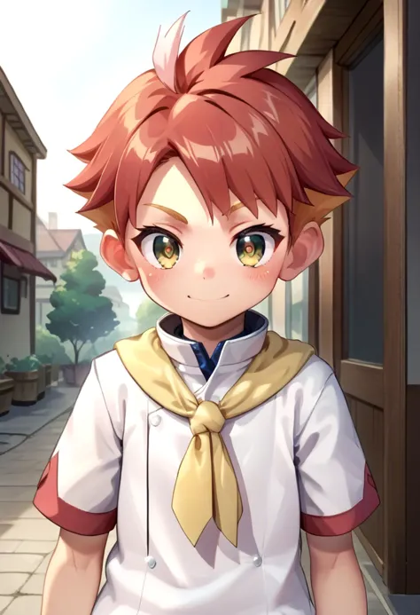 score_9, score_8_up, score_7_up,source_anime, rating_safe BREAK
 detailed eyes, village
 <lora:cutifiedanimecharacterdesign_variant_type_E_PonyXL_v10:0.6>  <lora:crispin:0.7>,petite,
cute,crispin, multicolored hair, red hair, yellow eyes, red pupils, partially fingerless glove, single red glove, short sleeves white jacket, multicolored shorts, white shorts, yellow neckerchief,