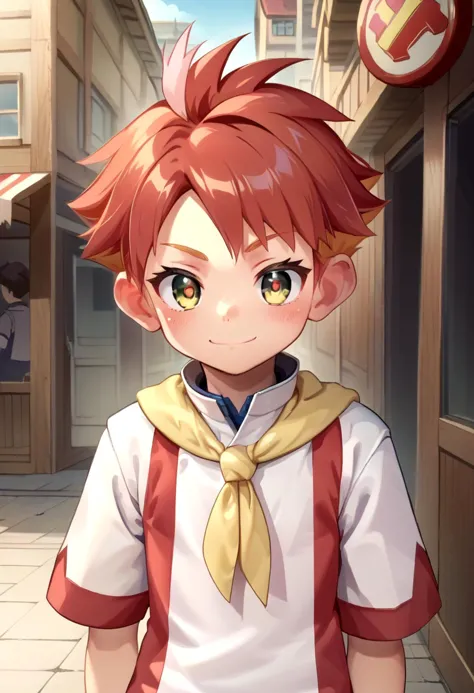 score_9, score_8_up, score_7_up,source_anime, rating_safe BREAK
 detailed eyes, village
 <lora:cutifiedanimecharacterdesign_variant_type_E_PonyXL_v10:0.6>  <lora:crispin:0.7>,petite,
cute,crispin, multicolored hair, red hair, yellow eyes, red pupils, partially fingerless glove, single red glove, short sleeves white jacket, multicolored shorts, white shorts, yellow neckerchief,