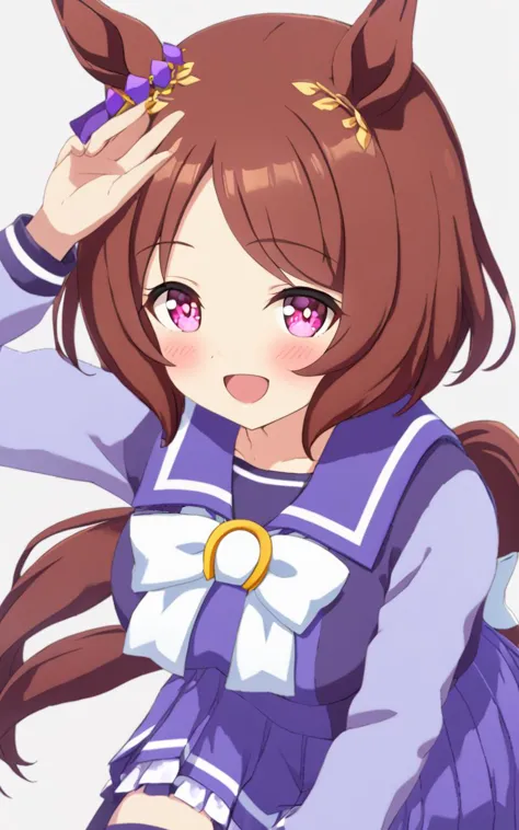 1girl, SakuraLaurel kuudere, horse girl, horse ears, horse tail, shiny hair, light brown hair, pixie cut, center parted bangs, pinkred eyes, symbol in eye, hair ornament, medium breasts, skindentation +++ trawinuni, winter tracen_school_uniform, purpleblue sailor collar, purpleblue skirt, darkblue thighhighs, white_bowtie, skyblue_long sleeve blouse, white back bowtie, school , :D , extremely quality extremely detailed, illustration, cute anime face