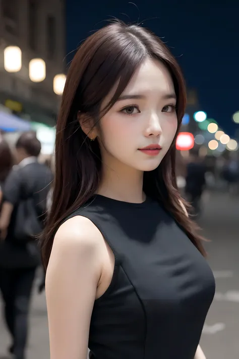 ((upper body:1.2)), nikon RAW photo,8 k, Fujifilm XT3,masterpiece, best quality, realistic, photorealistic, ultra detailed, extremely detailed face, small smile, solo,1girl, standing, fashionable and trendy atmosphere, and a stylish expression on her face, close up, mature body, black dress, walking, at the dark streets, moonrise, sleeveless, fabric clothes, big tits,