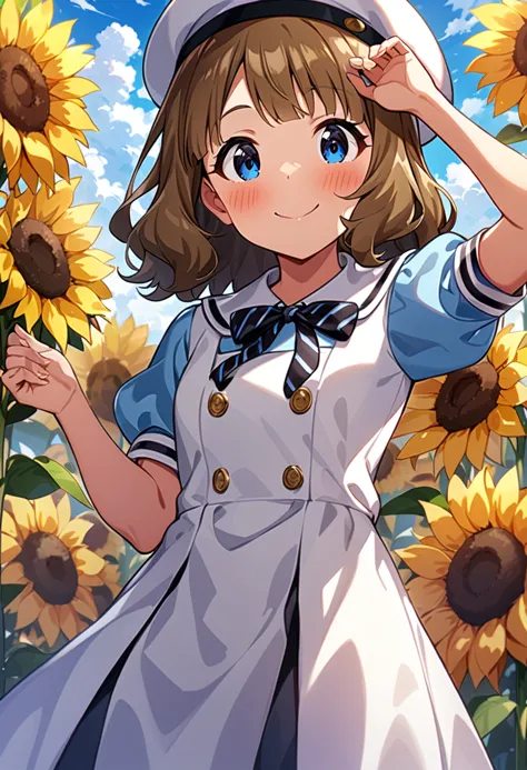 masterpiece, best quality, very aesthetic, absurdres, 1girl, suou momoko, summer-es, millitheater, blush, brown hair, black ribbon, blue eyes, eyebrows visible through hair, puffy sleeves, light brown hair, upper body, grey headwear, arm up, medium hair, looking at viewer, short sleeves, cowboy shot, wavy hair, white background, short hair, closed mouth, smile, white dress, sailor dress, blue shirt, collared shirt, sailor collar, puffy short sleeves, beret, white headwear, sailor hat, neck ribbon, black neckwear, striped neckwear, buttons, blue sky, cloud, outdoors, flower field, sunflower  <lora:suou_momoko_sdxl_locon_ani31_v1:0.7>