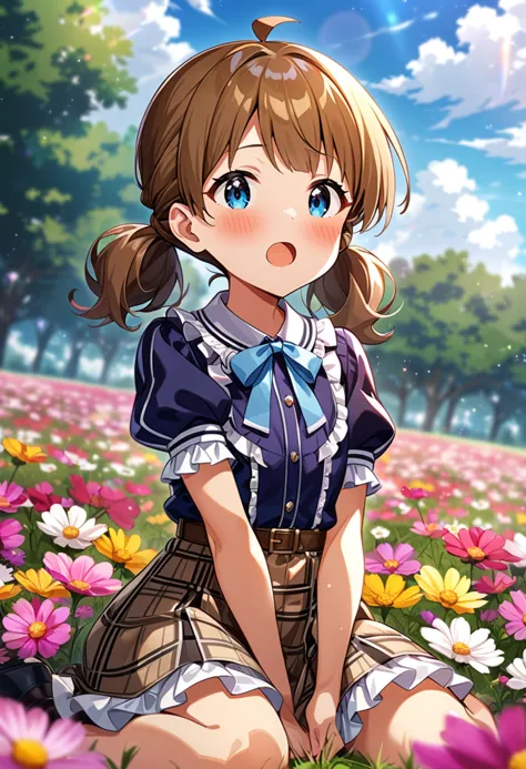 masterpiece, best quality, very aesthetic, absurdres, 1girl, suou momoko, priv-dress, millitheater, short hair, cosmos \(flower\), flower field, wariza, dutch angle, twintails, ahoge, blue sky, puffy short sleeves, blue bow, day, cloudy sky, frilled shirt, blue shirt, neck ribbon, blush, blurry background, blue ribbon, depth of field, blue eyes, brown skirt, plaid skirt, low twintails, sitting, tree, brown belt, short sleeves, short twintails, between legs, sky, collared shirt, field, belt, yellow flower, pink flower, blurry foreground, open mouth, :o, smile, puffy sleeves, eyebrows visible through hair, frills, looking at viewer, brown hair, frilled shirt collar, blue blouse, cloud, light particles, purple shirt, hand between legs, medium hair, blue neckwear, outdoors, frilled skirt, center frills <lora:suou_momoko_sdxl_locon_ani31_v1:0.7>