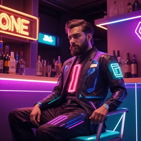 candid shot, cybernetic bar with augmented reality advertisements and holographic signs, (honeycomb softbox) lighting, break adu...