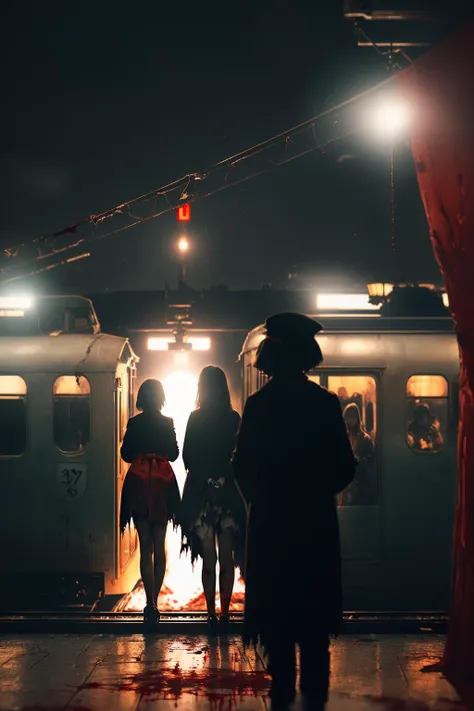 (depth of field:1.4),(blur:1.3),(night:1.4),(dark:1.4),(very detailed:1.4),(high resolution:1.1),
(Ghostly train station with spectral passengers waiting for trains that never arrive.:1.2),
1girl,(Torn silk ensemble with bloodstains:1.3),
(Peering out from behind heavy, blood-red drapes.:1.3),