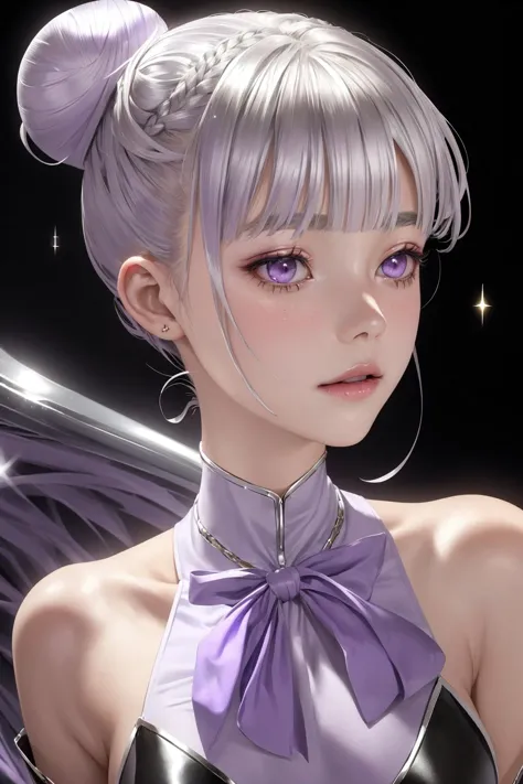 (stardust silver skin:1.3),
1girl,(lilac high bun with bangs:1.3),(primer:1.3),