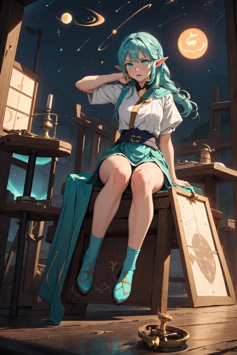 (depth of field:1.4),(full body shot:1.4),(very detailed:1.4),(high resolution:1.1),(highly detailed:1.3) BREAK
(Celestial Observatory with Astronomical Instruments:1.3) BREAK
1girl,(elf:1.2),(sitting:1.2),(Curly Half-Up Half-Down:1.2),(Aqua eyes:1.3) BREAK
Angry Smash with Ground-Shattering Impact: Slam your fist into the ground with a forceful motion causing the ground to tremble and shake expressing intense anger and the power to vanquish foes.,(Yuzen dyeing technique:1.1) BREAK