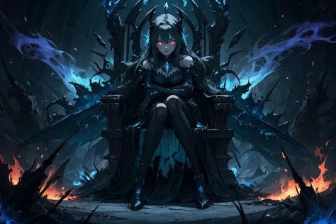 a full body portrait of dark queen,sitting on a chair with arms resting on the backrest,dark fantasy randy theme,mystical,zoomed...