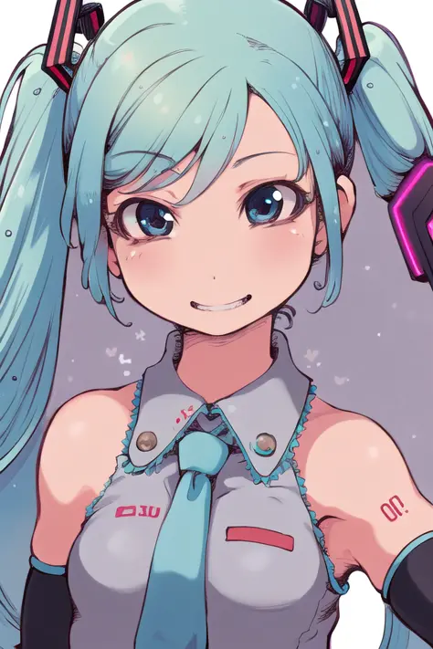 (best quality, masterpiece1.2), detailed,1girl, solo,looking at viewer,simple background, close-up, uwu,
standing ,smile ,detailed eyes ,  detailed  face, adorable face , cute, hatsune miku, log eyelashes, teeth,elbow hand out of frame,realistic:0.2, 
<lor...