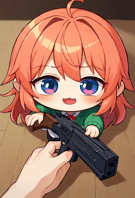 anime girl holding a gun in her hand while pointing it at someone