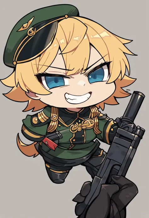 score_9, score_8_up, score_7_up, score_6_up, score_5_up, score_4_up, rating_safe,source_anime,godoacrime, 1girl, chibi, pov,hand, holding gun,tanya degurechaff,youjo senki,blonde hair,blue eyes,military cap,military uniform,evil grin