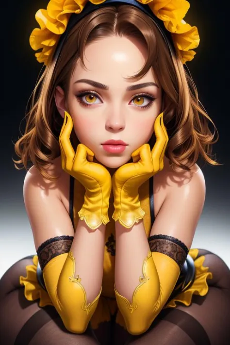 high resolution photoshoot of pretty female (detailed face) wearing yellow dress and black stockings gloves sharp focus hdr colo...