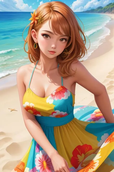high resolution photoshoot of pretty female (detailed face) wearing sundress absurdres masterpiece scenic beach background sharp...