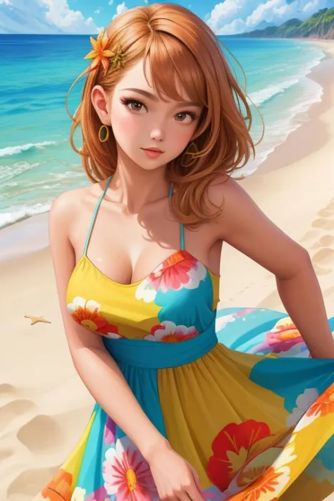 high resolution photoshoot of pretty female (detailed face) wearing sundress absurdres masterpiece scenic beach background sharp focus hdr colorful skin texture