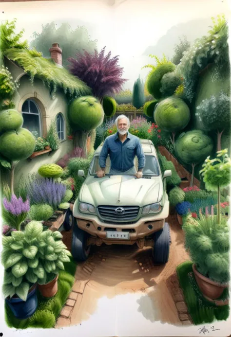 a man in the garden realistic shaped mixed with pencil sketch raw draft, vehicle, krap!